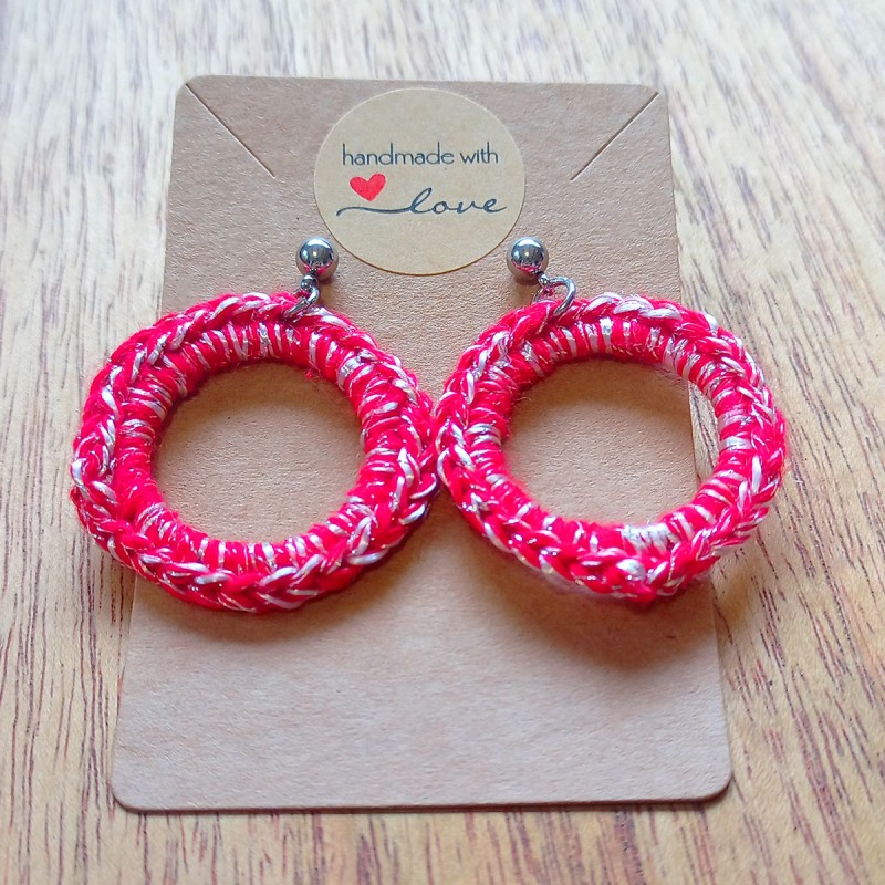 Pendientes Crochet Aros Rojo Hilo Brillante