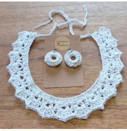 Conjunto Gargantilla + Pendientes Crochet Blanco Plateado